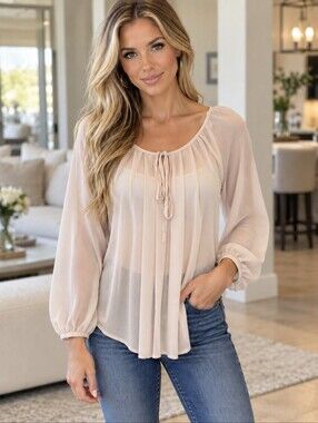Bellatrix Blush Pink Sheer Chiffon Peasant Blouse Tie Neck Top Size Small